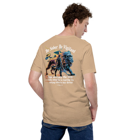 Be Sober Be Vigilant Lion (Back) Christian Bible Verse T-Shirt